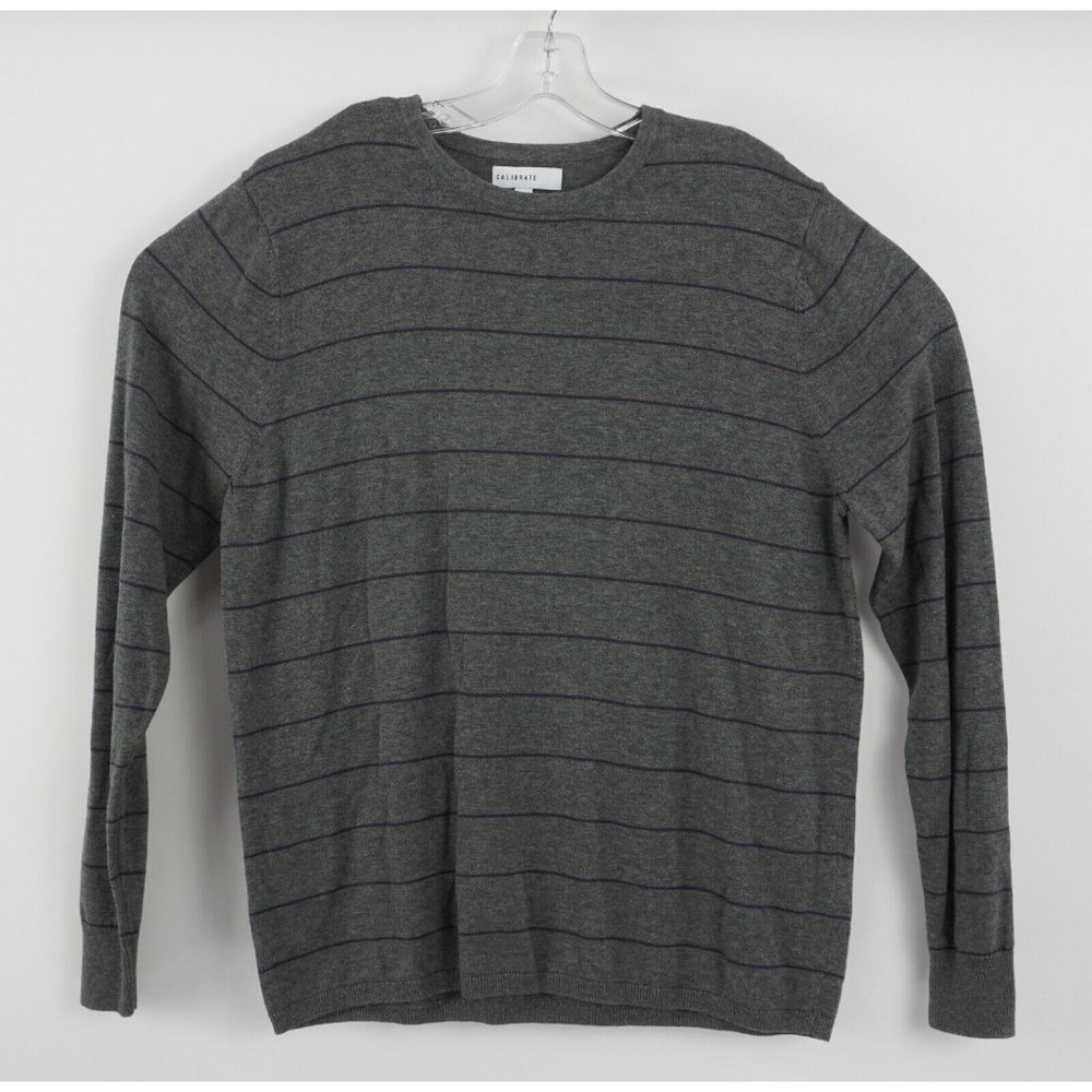 NWOT Calibrate Men's Large Gray Purple Striped‎ Knit Cotton Viscose Crew Sweater